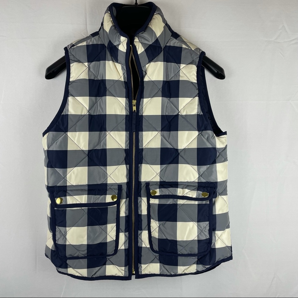 J. Crew Navy and White Quilted Plaid Puffer Vest